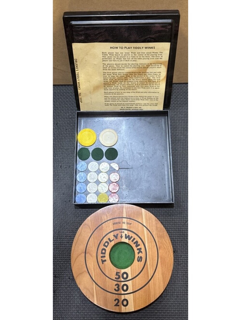 Vintage Drueke Wooden Tiddly Winks Game No. 555P | Marbled Fancy Plastic Case